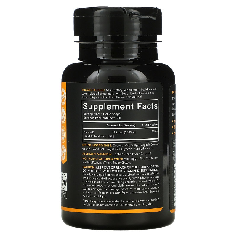 Sports Research, Витамин D3 с Органическим Кокосовым Маслом, 5000 МЕ, 360 Желатиновых Капсул