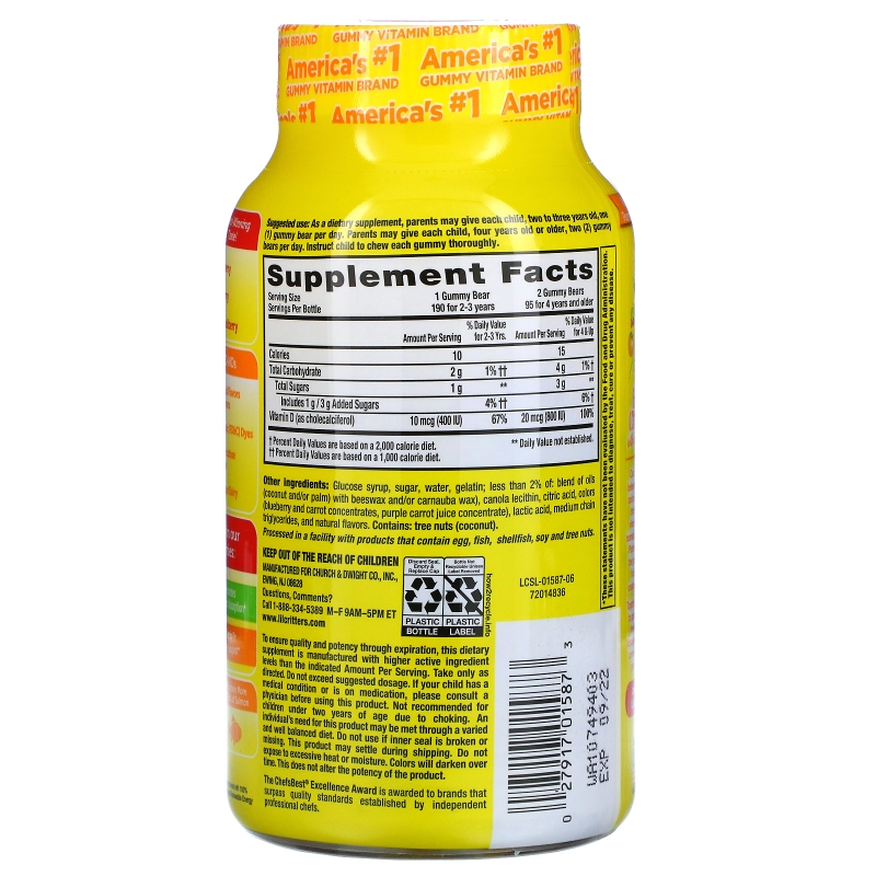 L'il Critters, Витамин D3, жевательные витаминные таблетки для укрепления костей, натуральный фруктовый вкус, 190 жевательных таблеток