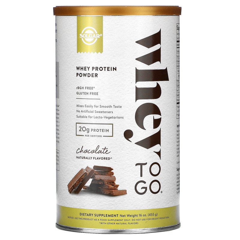 Solgar, Whey To Go, сывороточный белок, с натуральным шоколадным вкусом, 16 унций (454 г) порошка