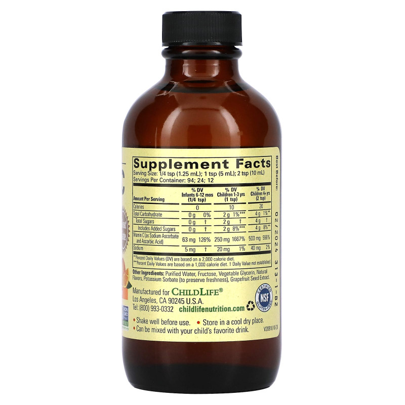 ChildLife, Жидкий витамин C, с натуральным апельсиновым вкусом, 4 жидкие унции (118,5 мл)