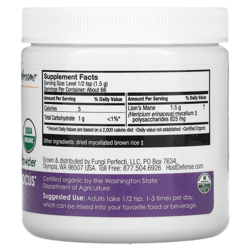 Fungi Perfecti, Lion's Mane, Mushroom Mycelium Powder, Mental Clarity & Focus, 3.5 oz (100 g)