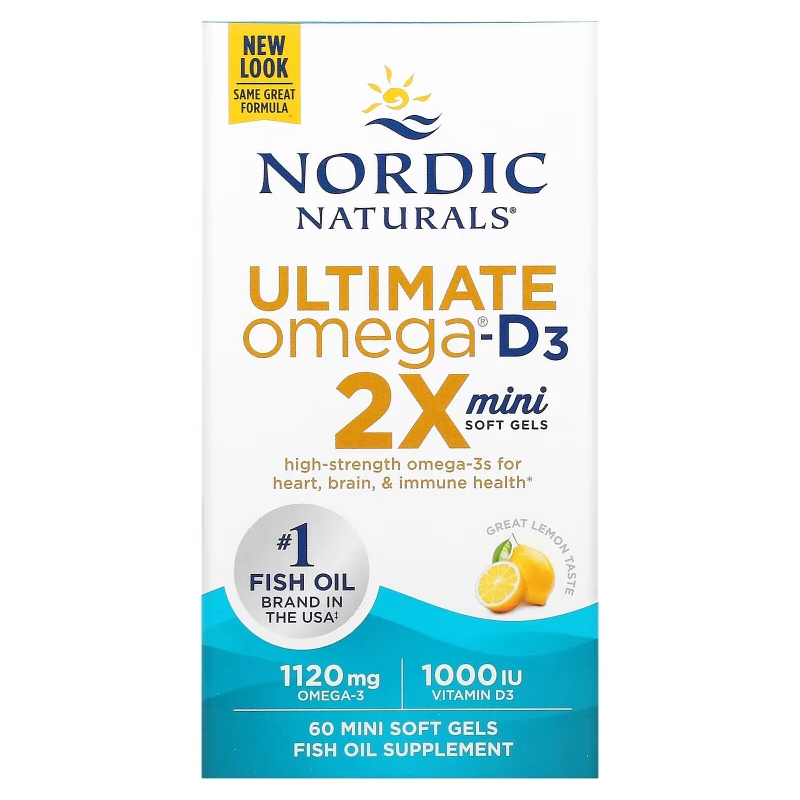Nordic Naturals, Ultimate Omega 2X с витамином D3, лимон, 60 мягких мини-таблеток