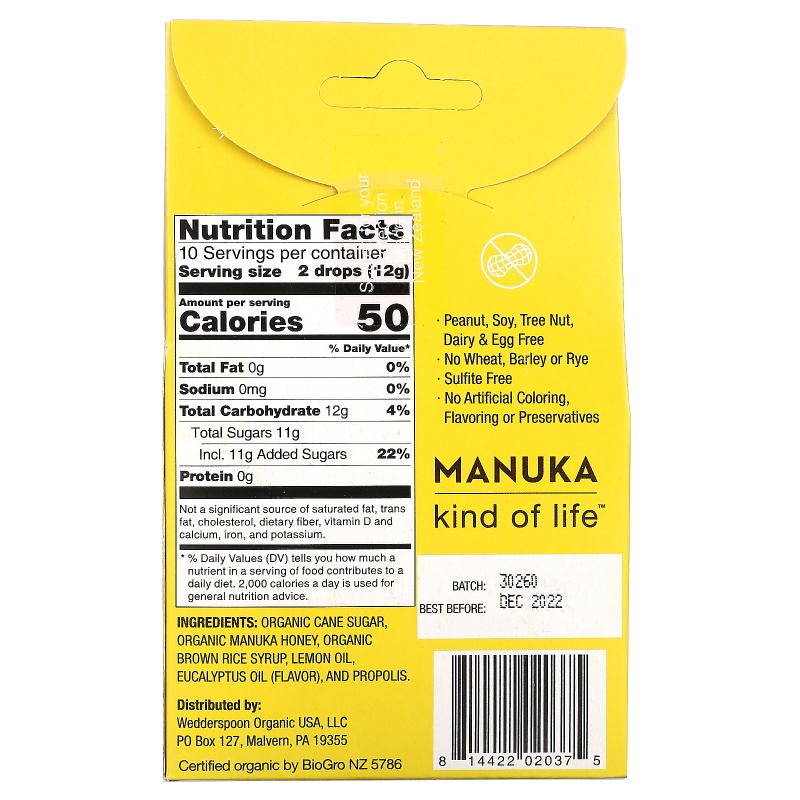 Wedderspoon Organic, Inc., Organic Manuka Honey Drops, Lemon With Bee Propolis, 4 oz (120 g)