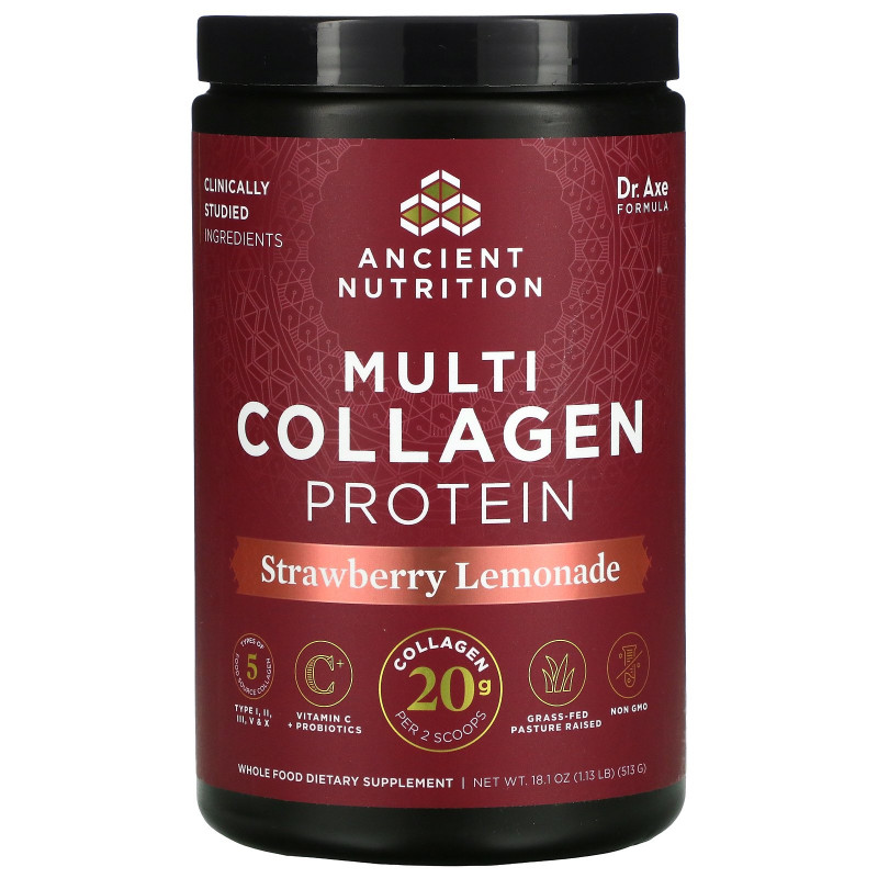 Dr. Axe / Ancient Nutrition, Multi Collagen Protein Powder, Strawberry Lemonade, 18.9 oz (535 g)