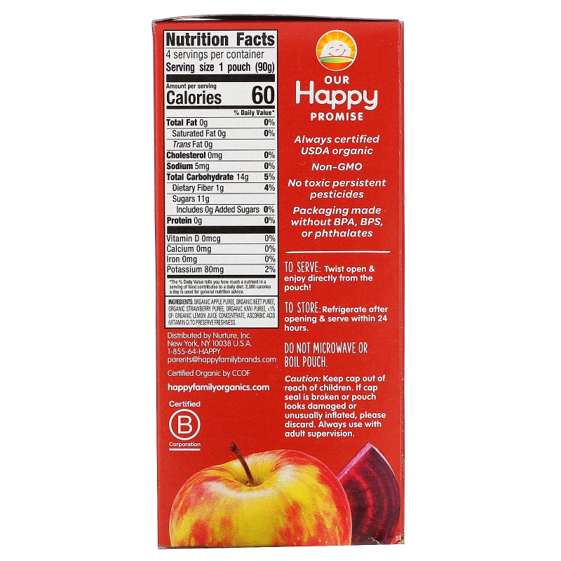 Nurture Inc. (Happy Baby), Happy Squeeze, Organic Superfoods, Twist, Organic Apple, Beet, Strawberry & Kiwi, 4 Pouches, 3.17 oz (90 g) Each