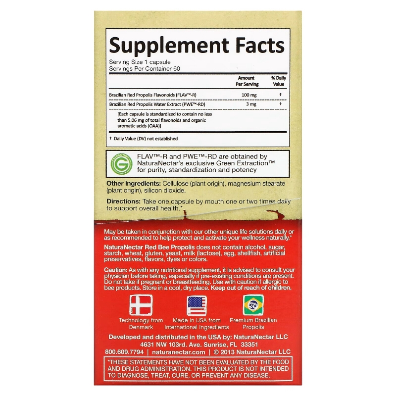 NaturaNectar Абсолютно натуральный красный пчелиный прополис 60 вегетарианских капсул