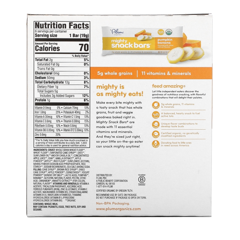 Plum Organics Mighty 4 Essential Nutrition Bar Pumpkin Banana 6 Bars 6-.67 oz (19 g) Each