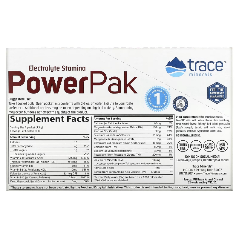 Trace Minerals Research, Электролиты Stamina Power Pak, клюква, 1200 мг, 30 пакетов. по 5,3 г каждый