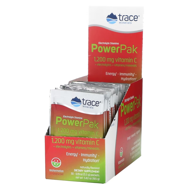 Trace Minerals Research, Trace Minerals Research, Electrolyte Stamina, Power Pak, Watermelon Effervescent, 30 Packets, 0.19 oz (5.5 g) Each