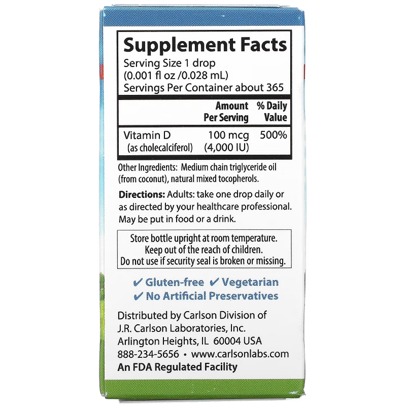 Carlson, Super Daily D3, 100 mcg (4,000 IU), 0.35 fl oz (10.3 ml)