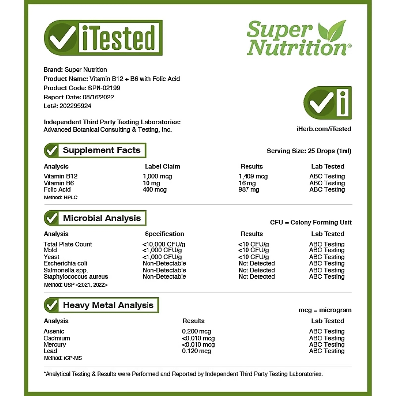 Super Nutrition, Vitamin B12 + B6 with Folic Acid, 1 fl oz (30 ml)